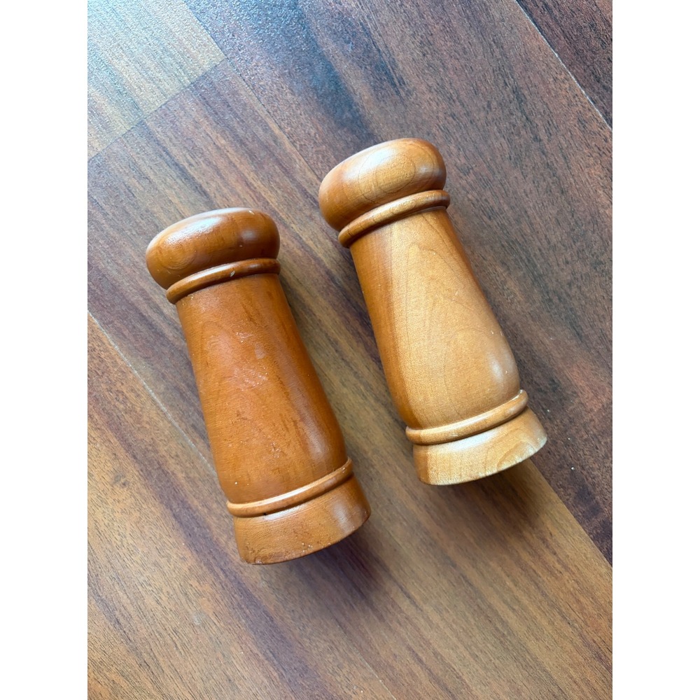 Vintage Wooden Salt and Pepper Shakers Set Brown Tapered Wood Kitchen Decor